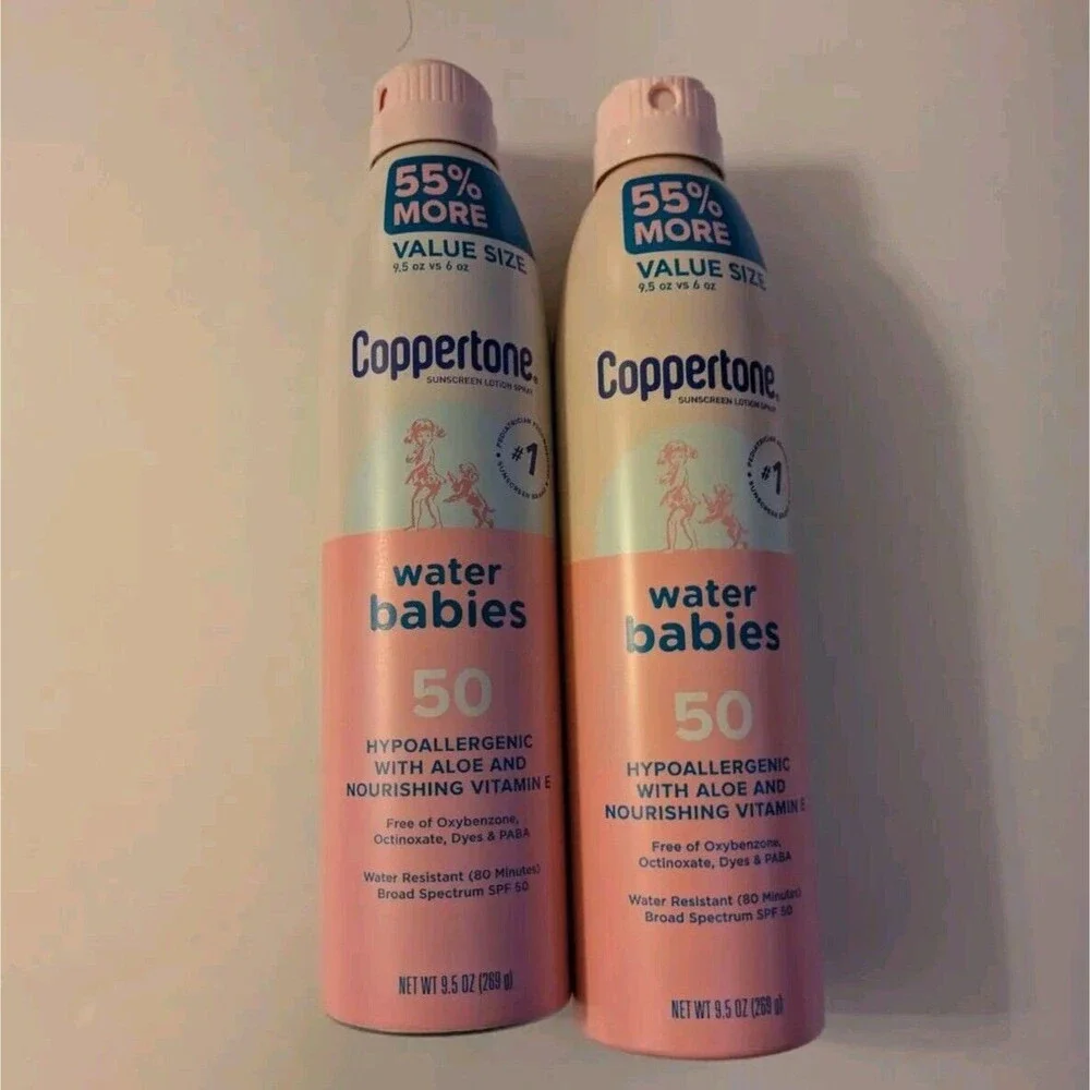 NEW 2 Coppertone Sunscreen Water Babies Lotion Spray, SPF 50 - 9.5 oz ea